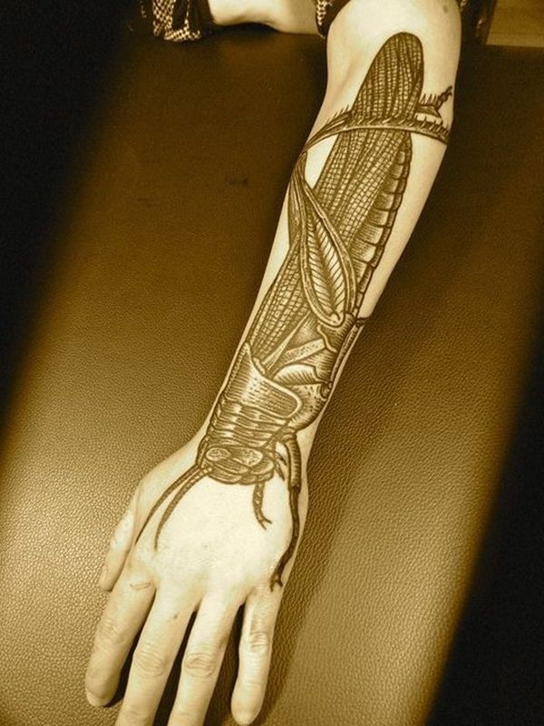 Black Ink Grasshopper Tattoo On Left Arm