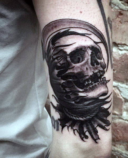 Black Ink Grim Reaper Skull Tattoo On Half Sleeve