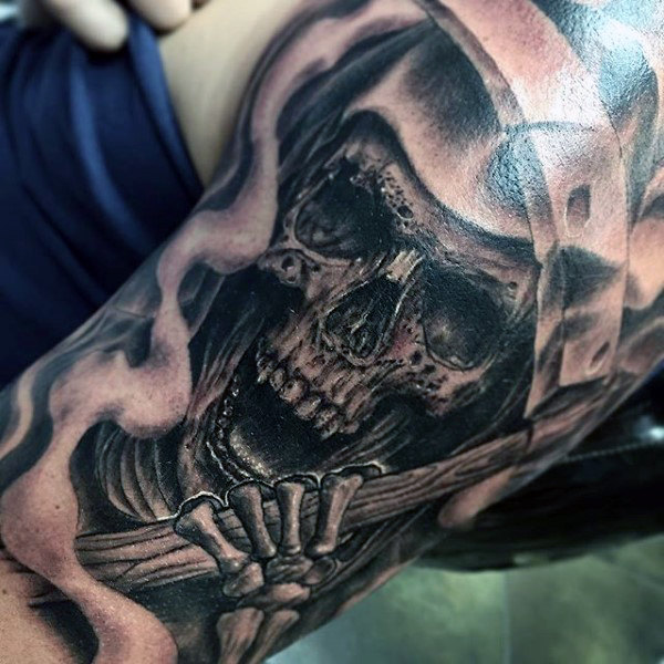Black Ink Grim Reaper Skull Tattoo On Left Half Sleeve