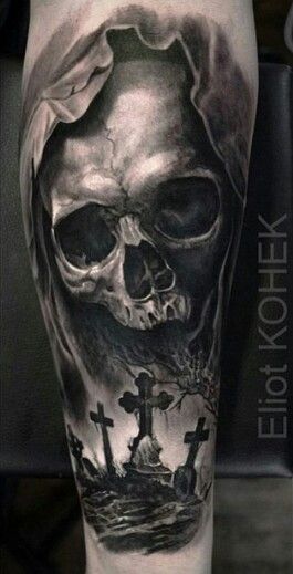 Black Ink Grim Reaper Skull Tattoo On Right Forearm