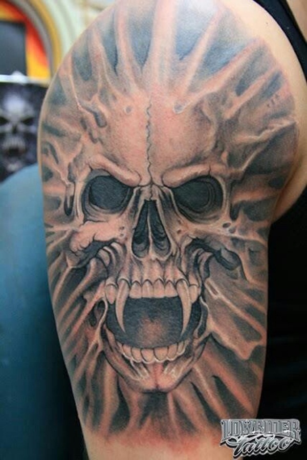 Black Ink Grim Reaper Skull Tattoo On Right Shoulder