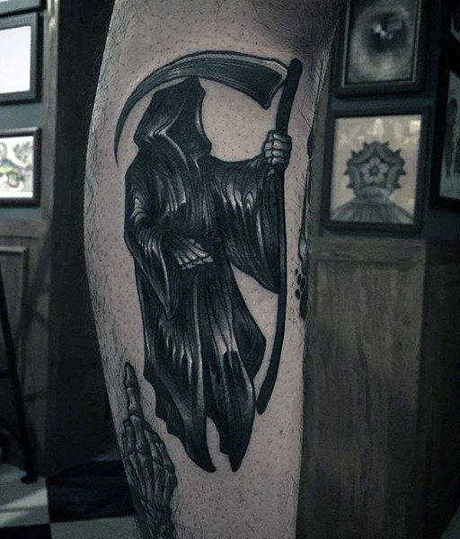 Black Ink Grim Reaper Tattoo Design For Right Arm
