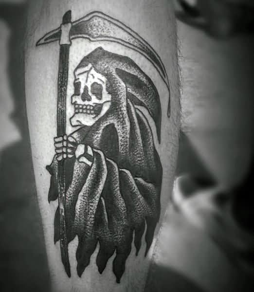 Black Ink Grim Reaper Tattoo Design For Sleeve