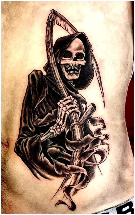 Black Ink Grim Reaper Tattoo On Man Left Side Rib