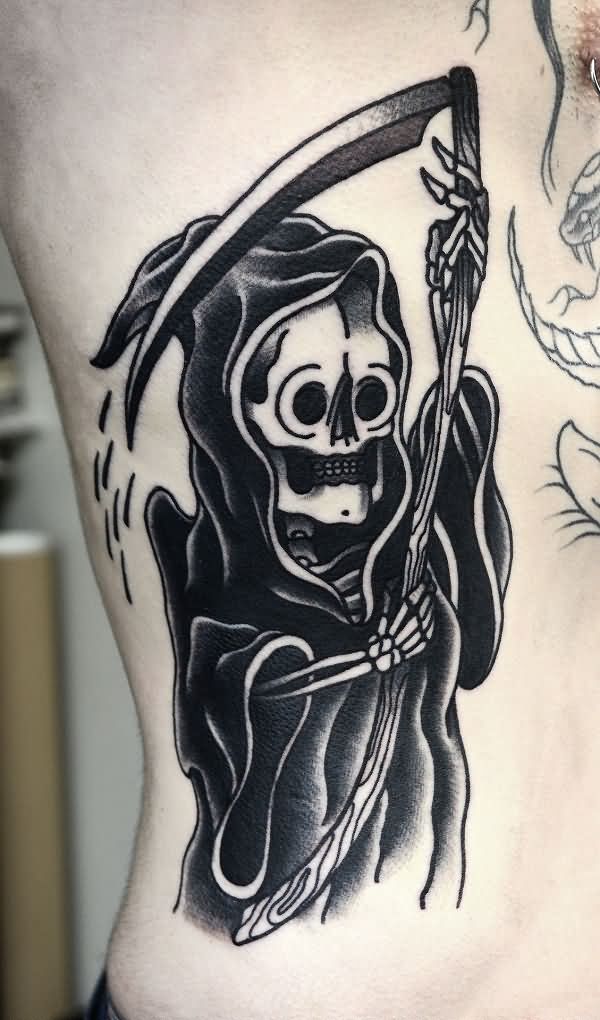 Black Ink Grim Reaper Tattoo On Man Right Side Rib