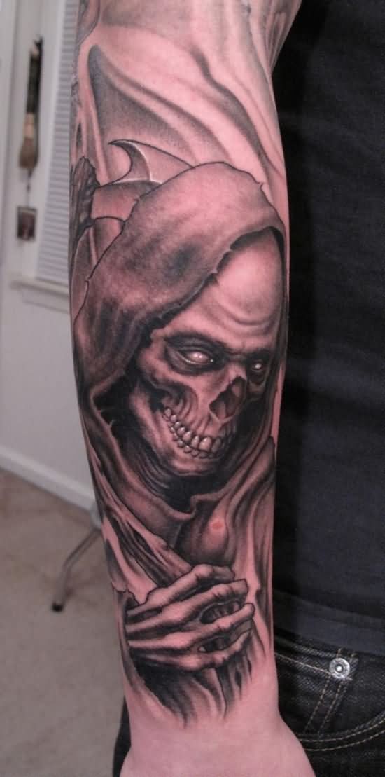 Black Ink Grim Reaper Tattoo On Right Arm