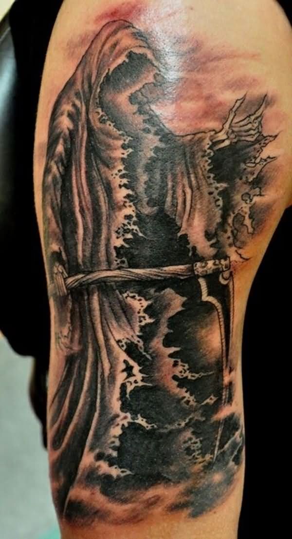 Black Ink Grim Reaper Tattoo On Right Half Sleeve