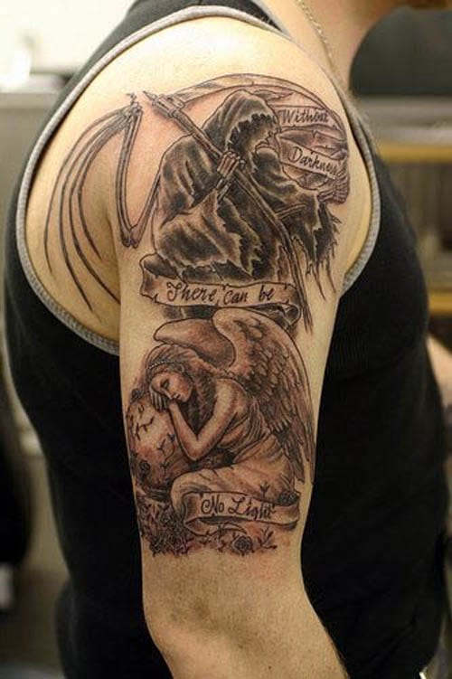 Black Ink Grim Reaper With Angel And Banner Tattoo On Man Right Half Sleeve