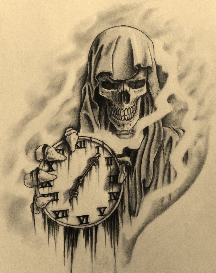Black Ink Grim Reaper With Clock Tattoo Design
