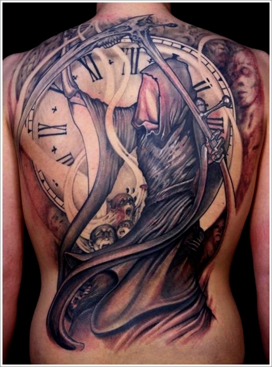 Black Ink Grim Reaper With Clock Tattoo On Women Full Back