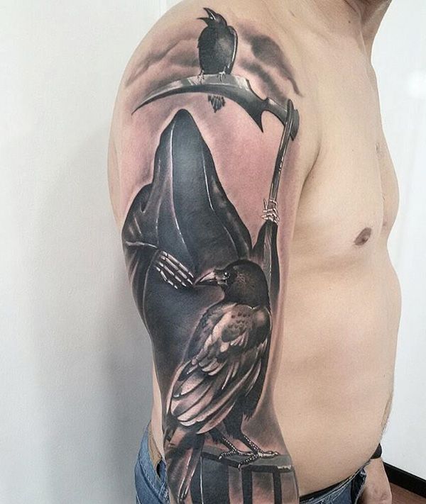 Black Ink Grim Reaper With Crows Tattoo On Right Full Sleeve