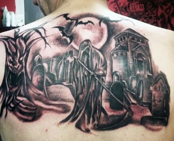 Black Ink Grim Reaper With Flying Bats Tattoo On Man Upper Back