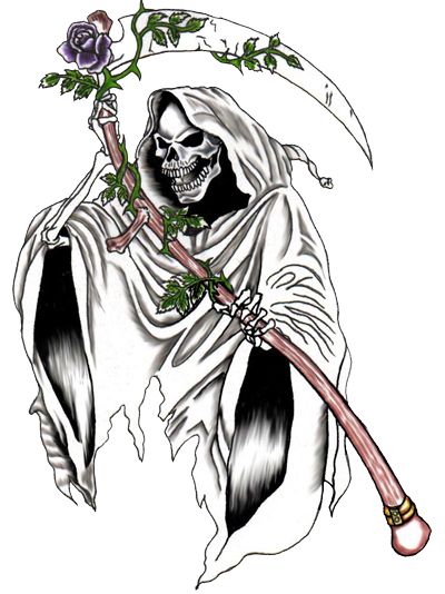 Black Ink Grim Reaper With Rose Tattoo Design