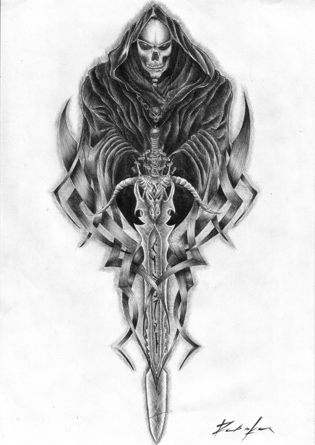 Black Ink Grim Reaper With Sword Tattoo Design