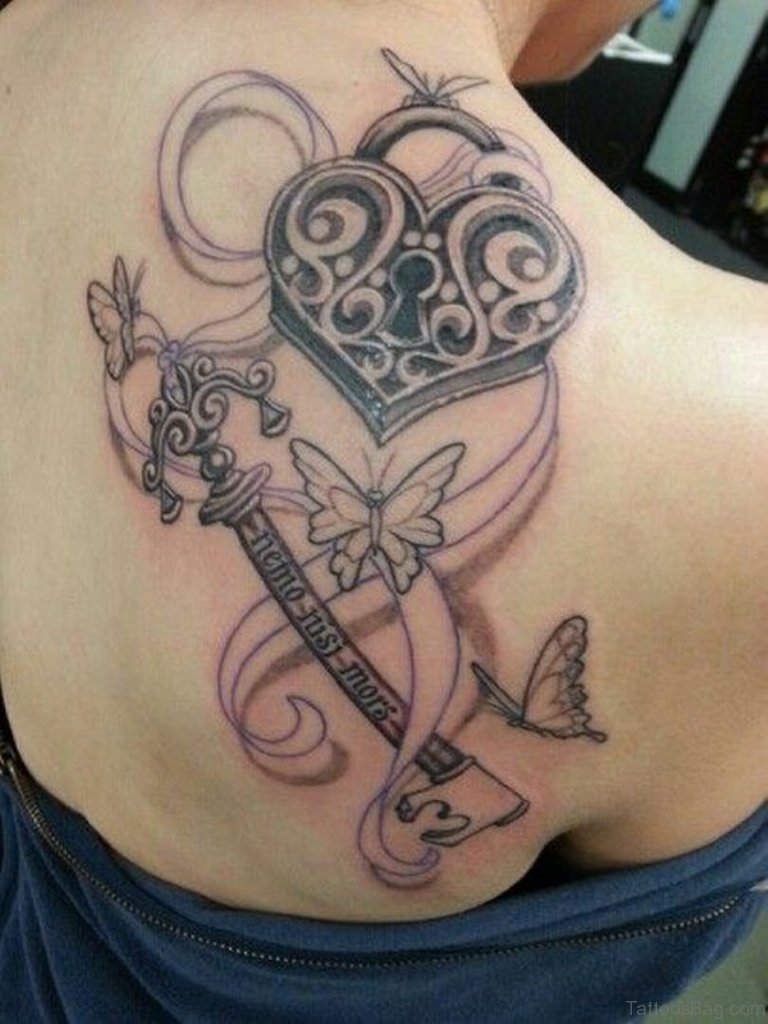 Black Ink Heart Shape Lock With Key And Flying Butterflies Tattoo On Right Back Shoulder