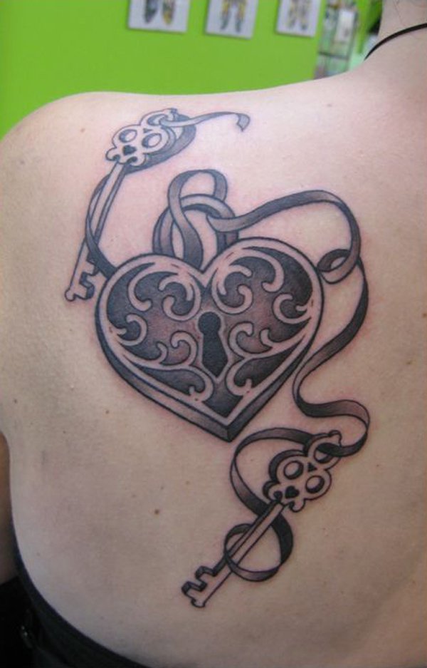 Black Ink Heart Shape With Keys Tattoo On Left Back Shoulder