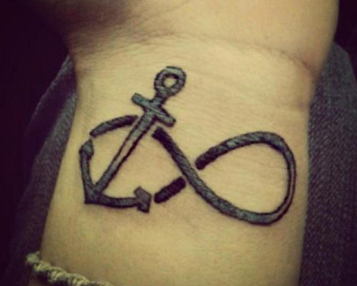 Black Ink Infinity With Anchor Tattoo On Wrist