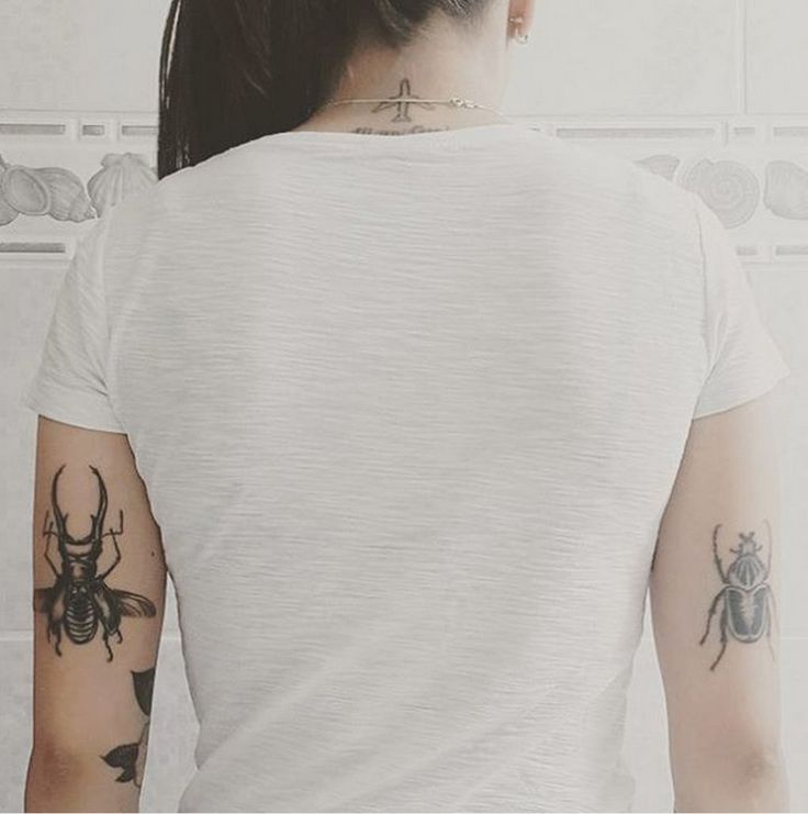 Black Ink Insect Tattoo On Girl Both Half Sleeve