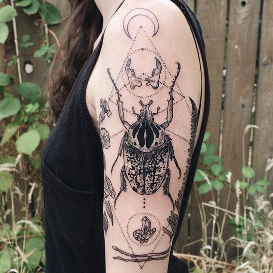 Black Ink Insect Tattoo On Girl Left Half Sleeve