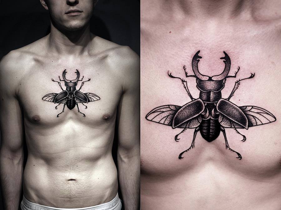 Black Ink Insect Tattoo On Man Chest