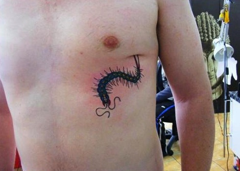 Black Ink Insect Tattoo On Man Left Chest