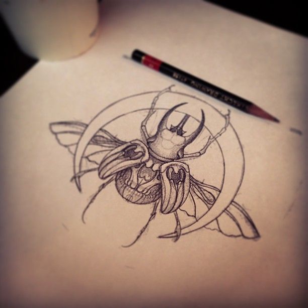 Black Ink Insect With Half Moon Tattoo Design