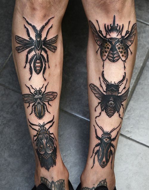 Black Ink Insects Tattoo On Both Leg By Barbe Rousse
