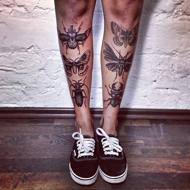 Black Ink Insects Tattoo On Both Leg