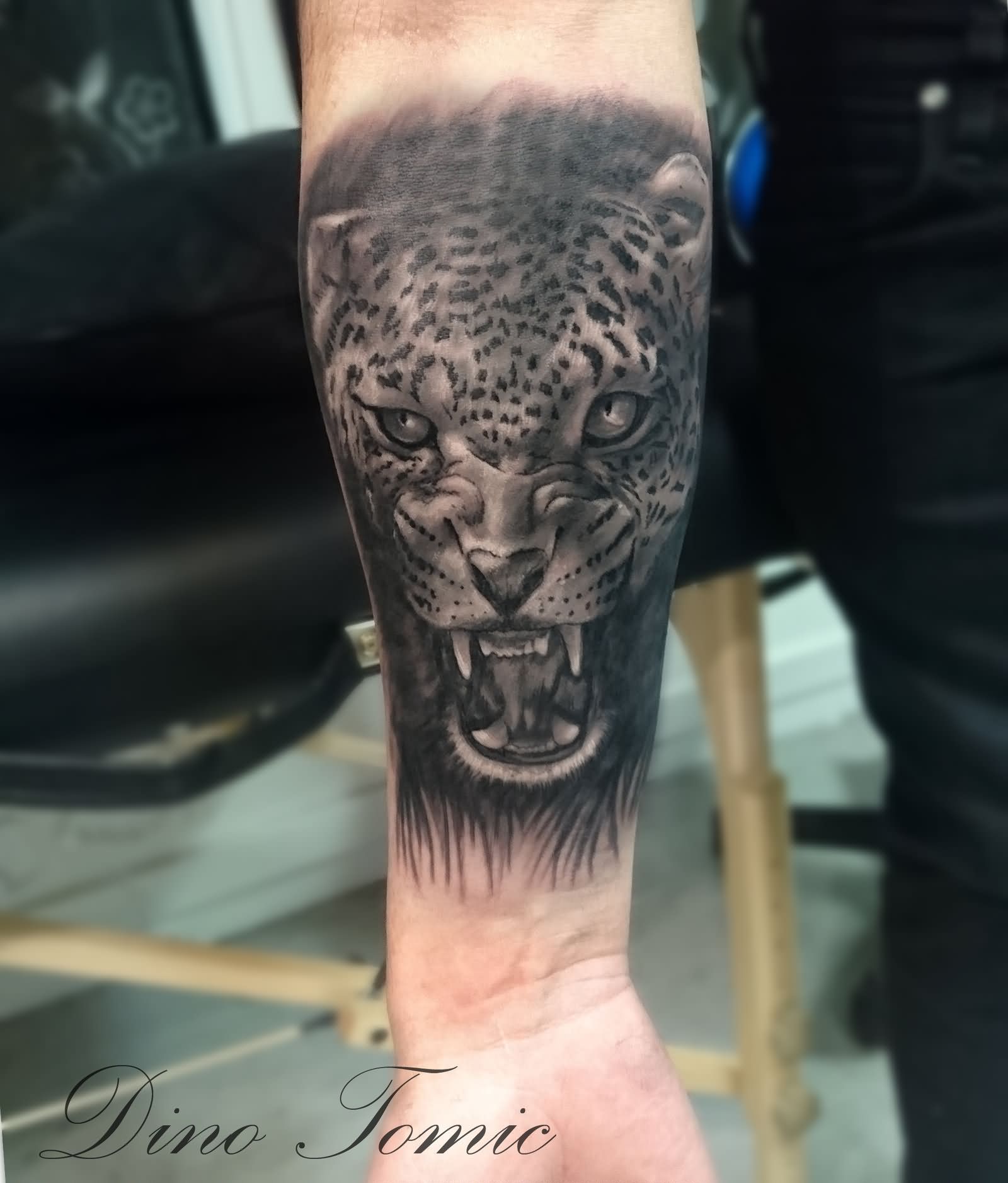 Black Ink Jaguar Head Tattoo On Forearm By AtomiccircuS