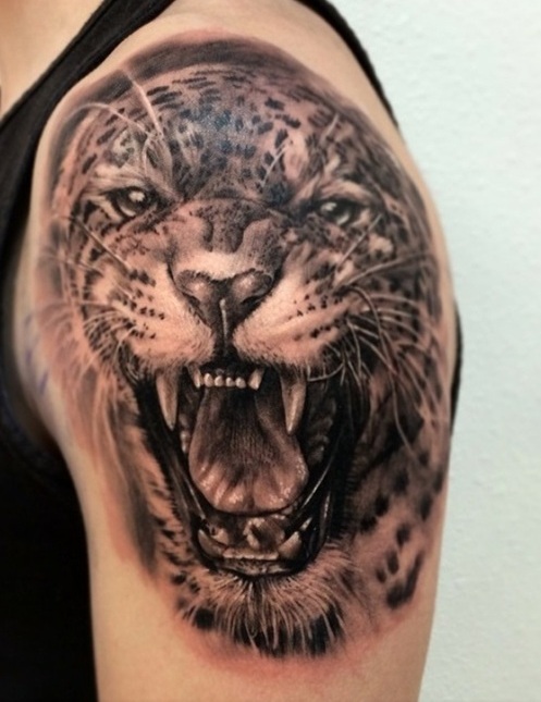 Black Ink Jaguar Head Tattoo On Left Shoulder