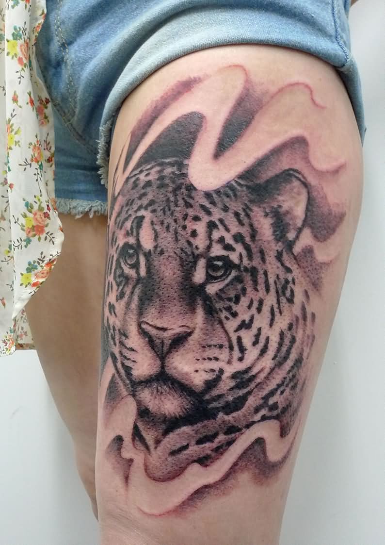 Black Ink Jaguar Head Tattoo On Left Thigh