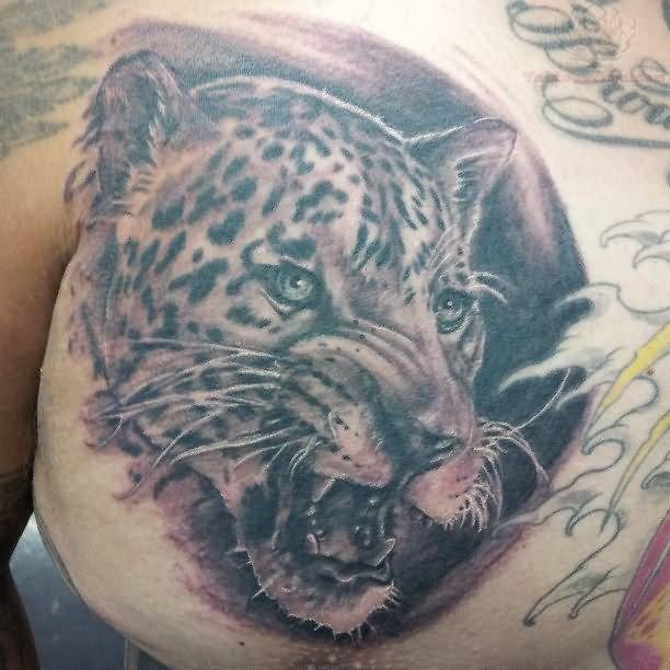 Black Ink Jaguar Head Tattoo On Man Right Chest