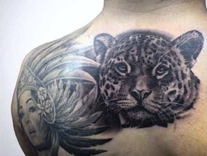 Black Ink Jaguar Head Tattoo On Man Upper Back
