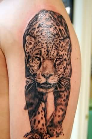 Black Ink Jaguar Tattoo On Left Half Sleeve