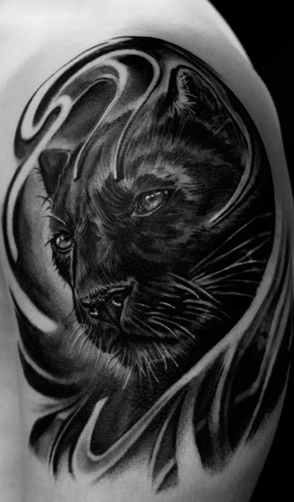 Black Ink Jaguar Tattoo On Left Shoulder
