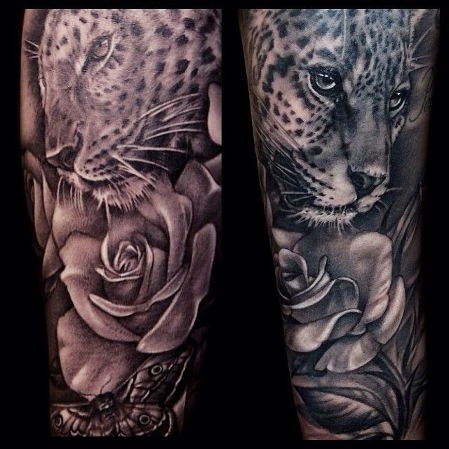 Black Ink Jaguar With Rose Tattoo Design For Sleeve