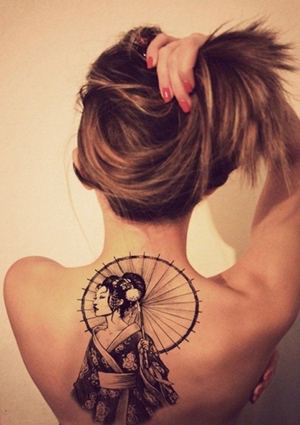Black Ink Japanese Girl Tattoo On Women Upper Back