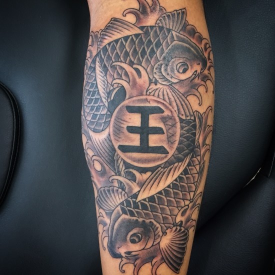 Black Ink Japanese Koi Fishes Tattoo Design For Sleeve
