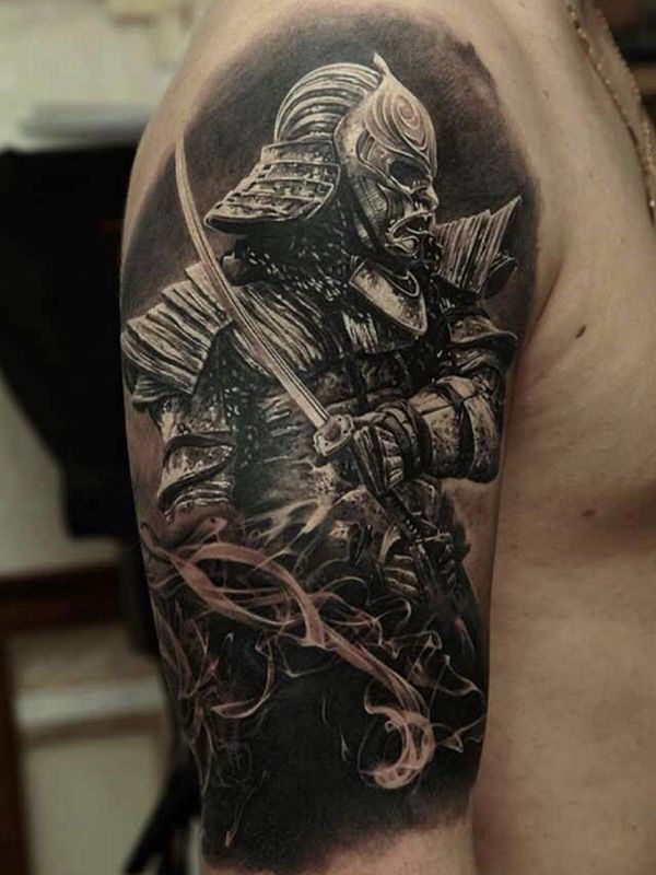 Black Ink Japanese Warrior Tattoo On Man Right Half Sleeve