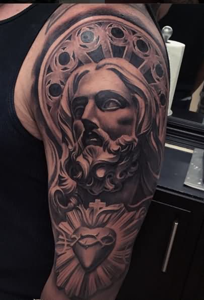Black Ink Jesus Head Tattoo On Left Half Sleeve
