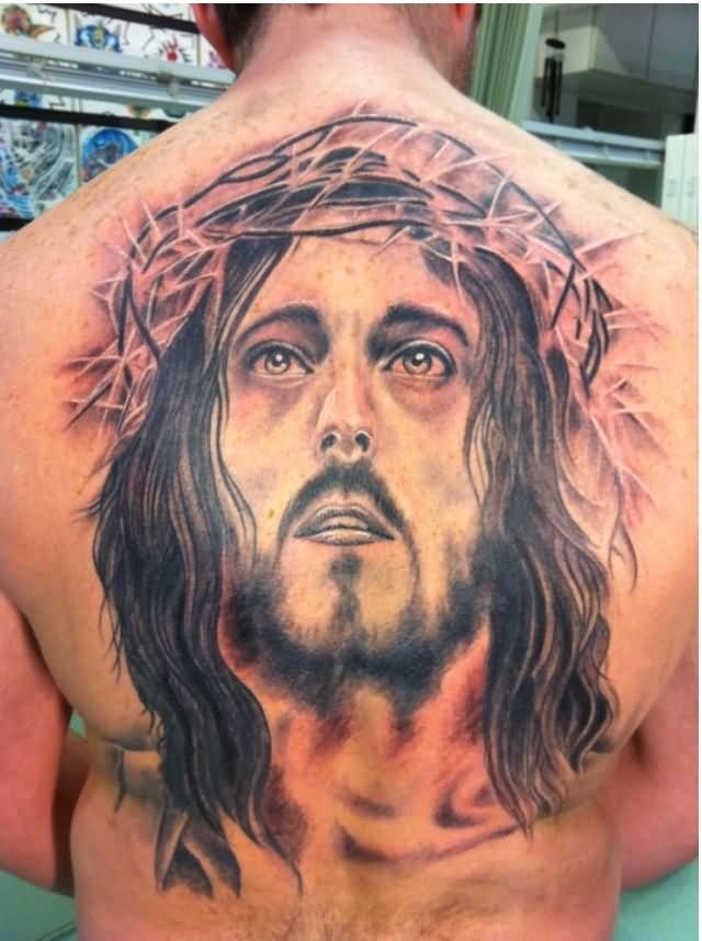 Black Ink Jesus Head Tattoo On Man Upper Back