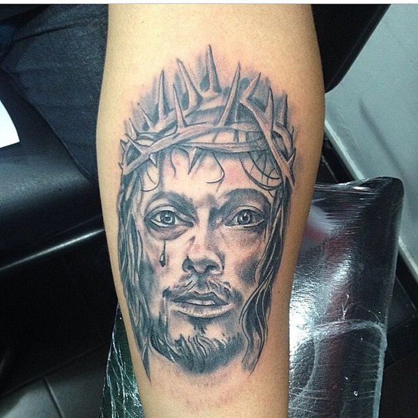 Black Ink Jesus Head Tattoo On Sleeve