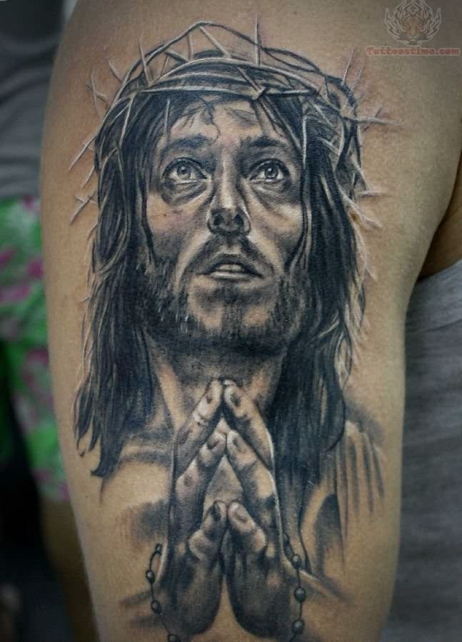 Black Ink Jesus Tattoo Design For Half Sleeve