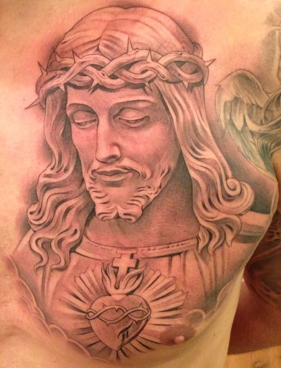 Black Ink Jesus Tattoo On Man Left Chest