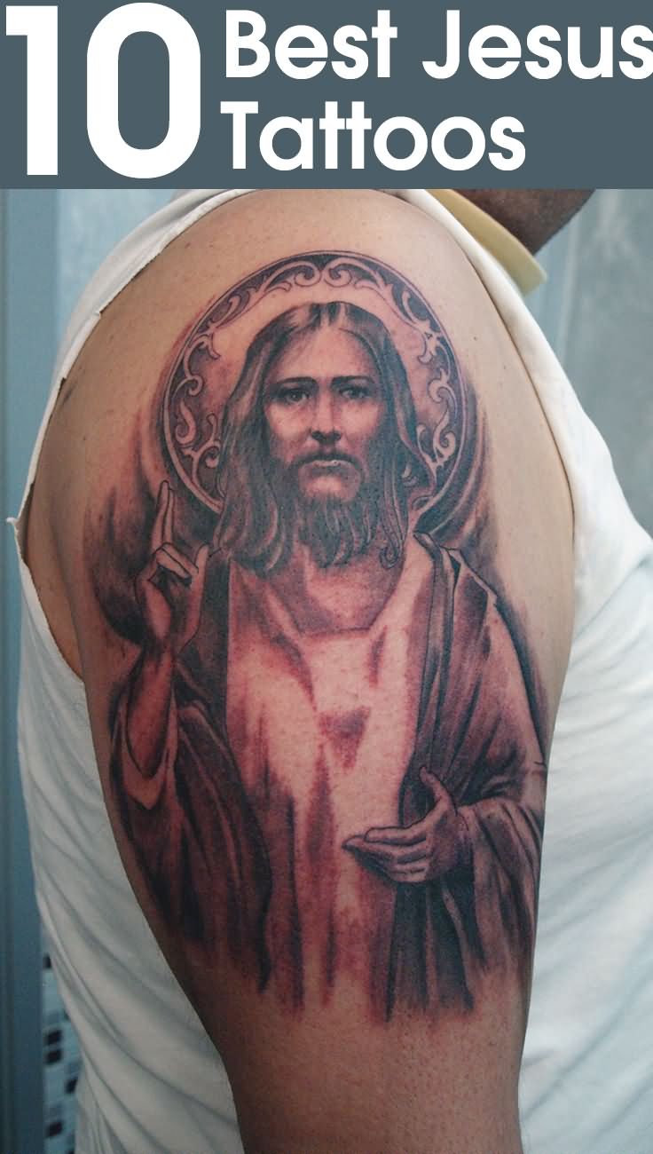 Black Ink Jesus Tattoo On Man Right Half Sleeve