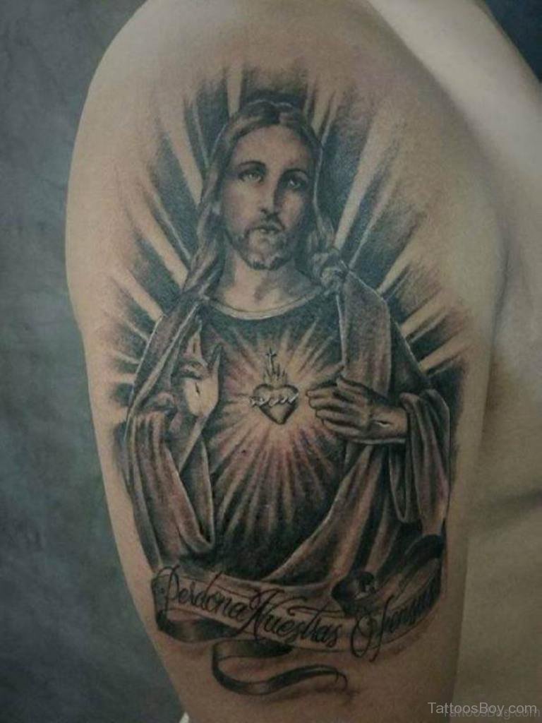 Black Ink Jesus With Banner Tattoo On Right Half Sleeve