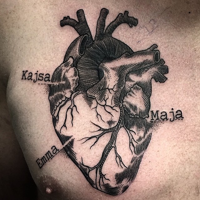 Black Ink Real Heart Tattoo On Man Chest