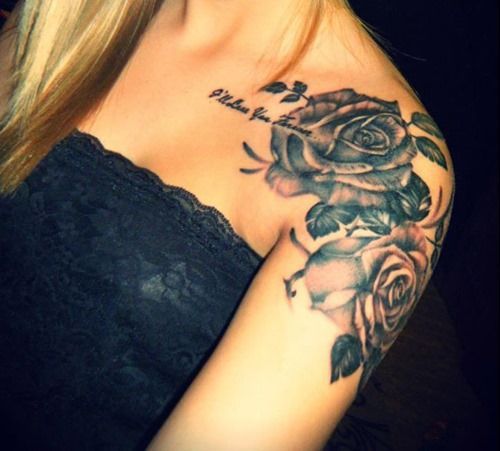 Black Ink Roses Tattoo On Girl Left Shoulder