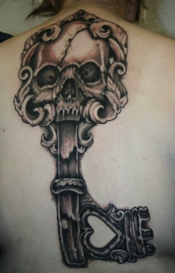 Black Ink Skull Key Tattoo On Women Upper Back