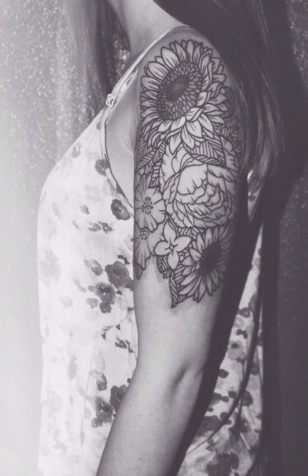 Black Outline Flowers Tattoo On Women Left Half Sleeve